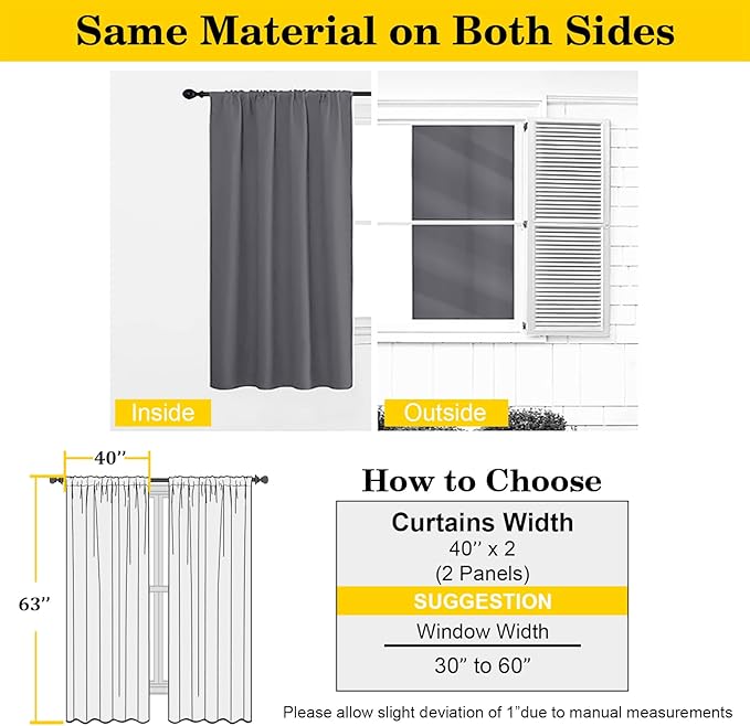 Grey Blackout Curtains for Bedroom Living Room 63 Inch Length 2 Panels Set, Soft Solid Room Darkening Thermal Insulated Window Treatments, Rod Pocket Dining Room Curtains, Grey, 40" Wx63 L