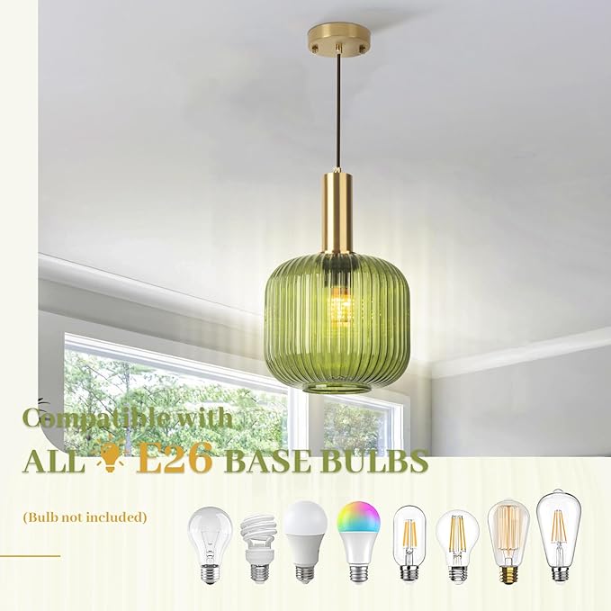 Green Glass Pendant Light Vintage Kitchen Pendant Lighting Over Island Sink Mid Century Modern Gold Hanging Pendant Light Fixture for Bedroom Living Room Dining Room