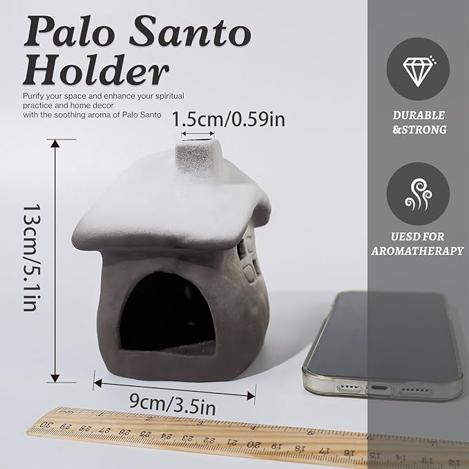 Tall Snow-Roofed Ceramic Palo Santo Burner - Mini Chiminea Incense Holder with Stable Base, Ideal for Smudging Sage & Burning Incense Cones, Perfect for Meditation, Yoga, Altars, Home Decor