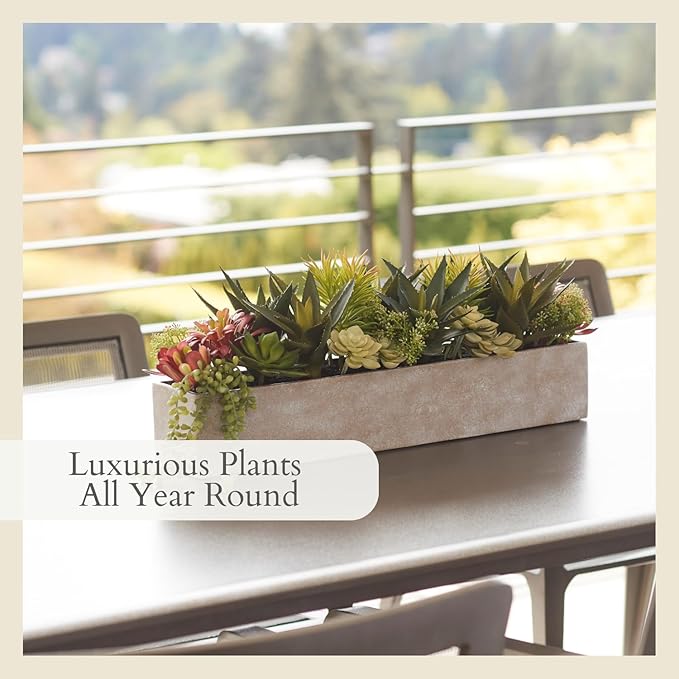 Oblong Faux Succulent Arrangement, 27" Premium Artificial Indoor Plant Enhances Interior Design, Display on any Surface in Your Home Adding an Inviting Touch of Nature, Natural Planter Pot Included