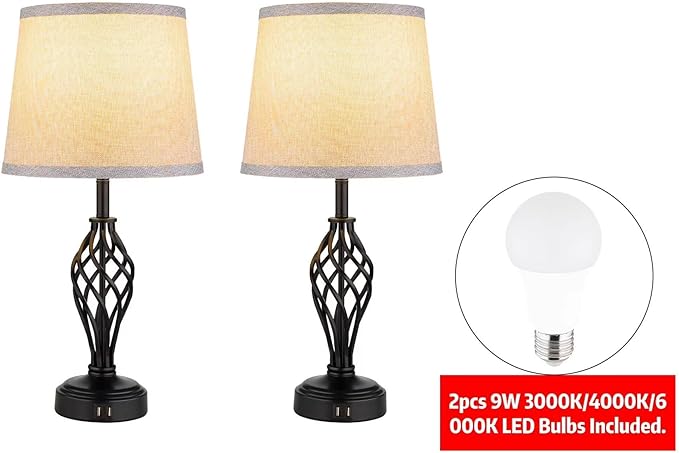 Charging Table Lamps Set of 2, nightstand lamp with USB Ports Bedside Desk lamp for Living Room Bedroom,Black Spiral cage Base Design 3 Color Temperature LED Bulbs Included.