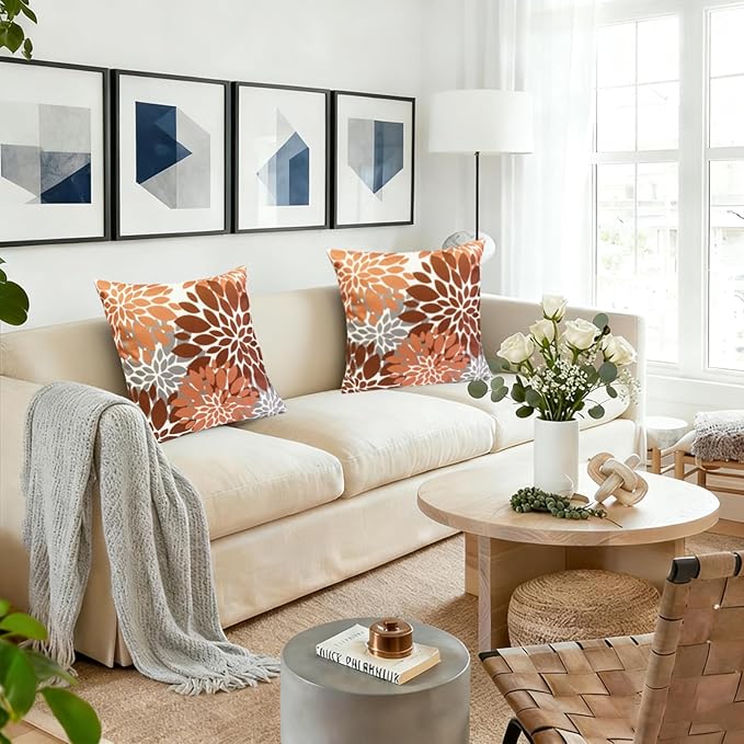 Decorative Throw Pillow Covers Set of 2 Brown Coffee Pillow Covers 20x20 Inch Couch Pillow Covers for Sofa Living Room Outdoor Throw Pillow Cover Linen Floral Flower Farmhouse Pillowcase