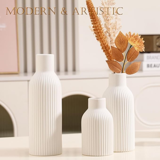 Ceramic Vase Set of 3 - Handcrafted Ceramic Vases for Home Decor & Shelf - Modern Farmhouse Decor for Kitchen, Office, Bedroom & Living Room Decorative Objects for Mantel, Table Centerpieces