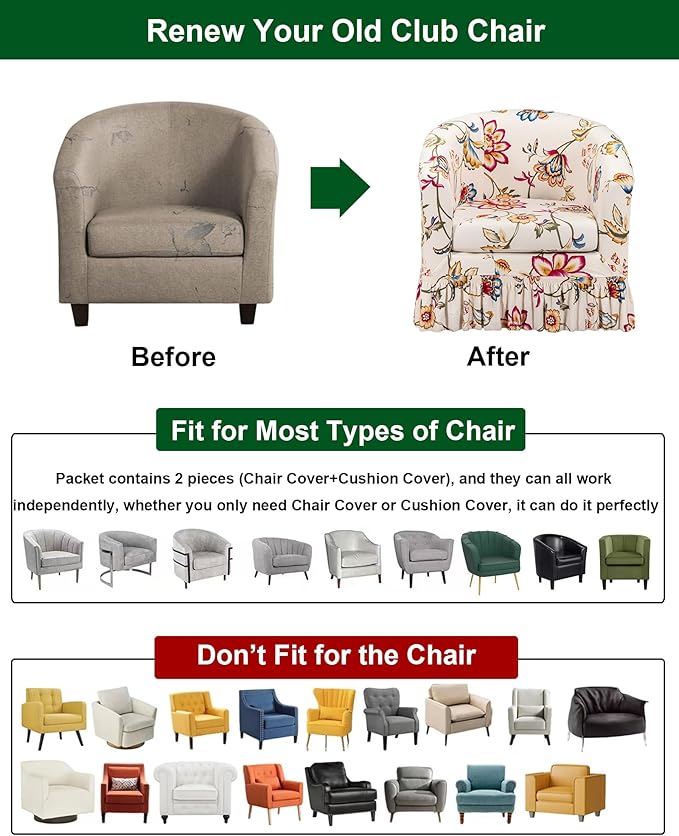CRFATOP 2 Piece Club Chair Slipcover with Skirt Printed Tub Armchair Covers with Seat Cushion Cover Soft Printed Round Barrel Furniture Protector for Bar Counter Living Room,C10
