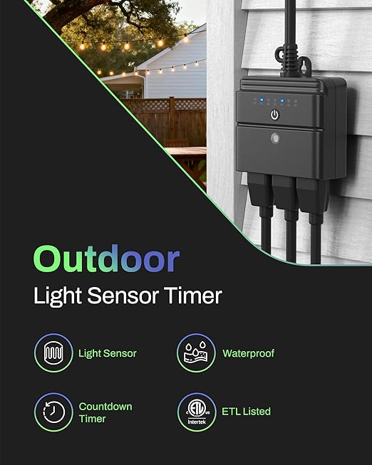 BN-LINK Outdoor Light Timer, Waterproof Plug-in Dusk-to-Dawn Controller with 3 Grounded Outlets for Christmas & Halloween String Lights, 15A 1/2HP, ETL Listed