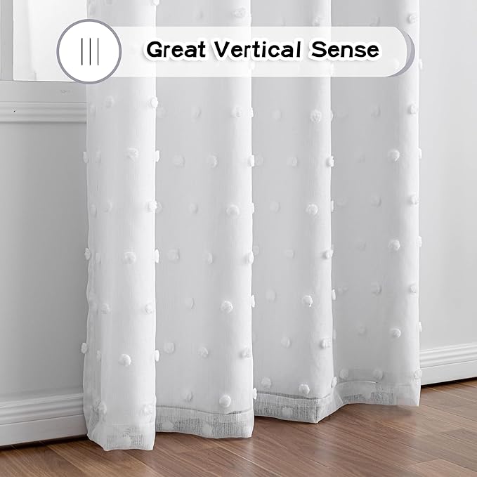 MYSKY HOME White Pom Pom Sheer and Curtains for Living Room 84 Inches Long Nursery Curtains Girls Kids Bedroom Light Filtering Double Layer Window Drapes Grommet,White, 52 x 84 Inch, 2 Pieces
