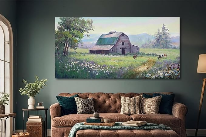 Acocifi Barn Picture Farmhouse Wall Art, Rustic Landscape Painting Farm Cow Print Textured Artwork Large Framed for Living Room Bedroom Dining Room Kitchen Office Home Decor 40"x20"