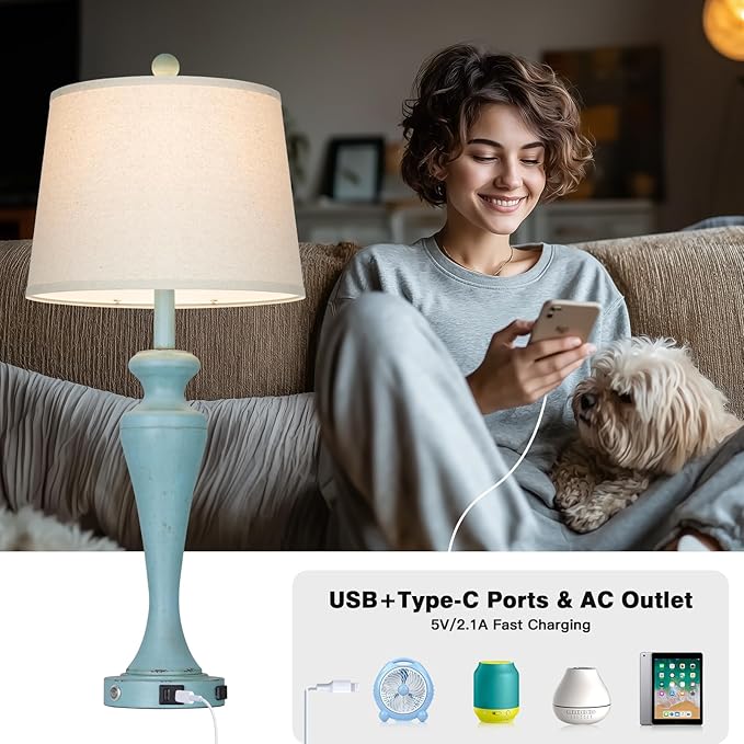 30" Blue Table Lamps Set of 2, Touch Control Farmhouse Living Room Lamp with USB A+C Ports and AC Outlet, 3-Way Bedside Lamps for Nightstand, Vintage Bedroom Lamp, 2 Bulbs Included
