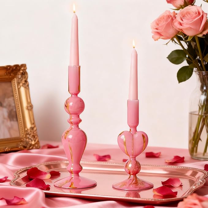 DN DECONATION Pink & Gold Glass Candle Holders Set of 2, Heart Taper Candle Holders for Valentine's Day, Candlestick Holder Wedding Decorations, Farmhouse Home Coffee Table Decor & Housewarming Gifts