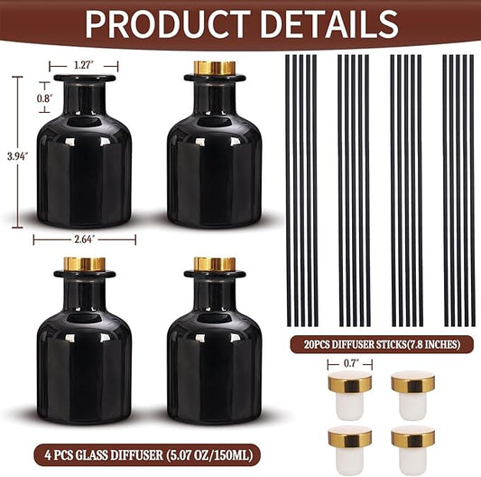 4 Pack Perfume Reed Diffuser Bottle,Empty Big Belly Aromatherapy Essential Oil Bottles Glass Jar with Black Sticks for DIY Fragrance Replacement Diffuser Sets (150ml/ 5 oz, Black Color)