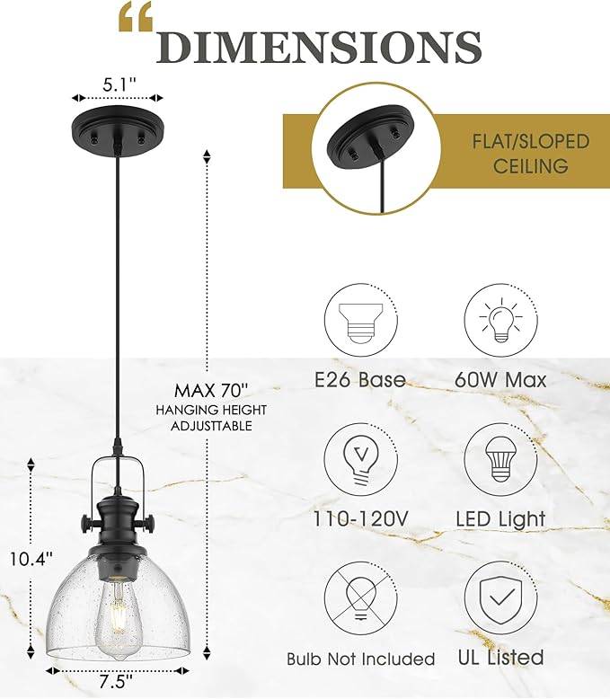 2 Pack Pendant Lights Kitchen Island, 7.5" Black Pendant Lighting with Clear Seeded Glass Shade, Farmhouse Hanging Light Fixtures for Dining Room, AD-22151-1P2-BK