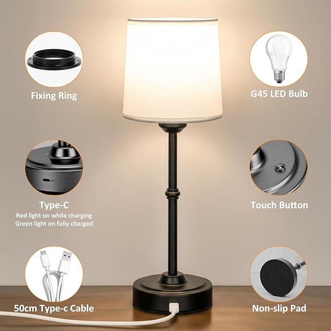 Cordless LED Table Lamp, Portable Fabric Shade Desk Lamp, 6000mAh Rechargeable Battery Operated Lighting, 3000K Warm Ambient Light for Restaurant/Bar/Bedroom/Beside/Nightstand, Black