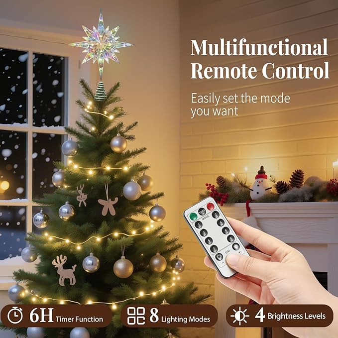 Lewondr Christmas Star Tree Topper, 15.35'' Christmas Tree Topper with 20 LED Bulbs, Remote and USB Operated Bethlehem Polaris Treetop for Home Decor, 6 Hrs Timer and 8 Modes Xmas Decor, Warm Light
