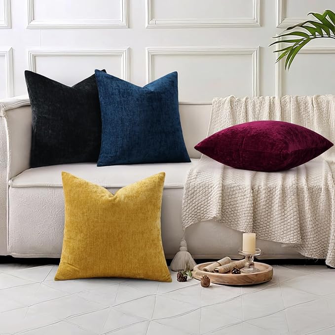 decorUhome Chenille Black Christmas Throw Pillow Covers 26x26 Inch Set of 2, Decorative Soft Couch Pillow Covers Solid Dyed Accent Farmhouse Neutral Square Pillow Cases for Sofa