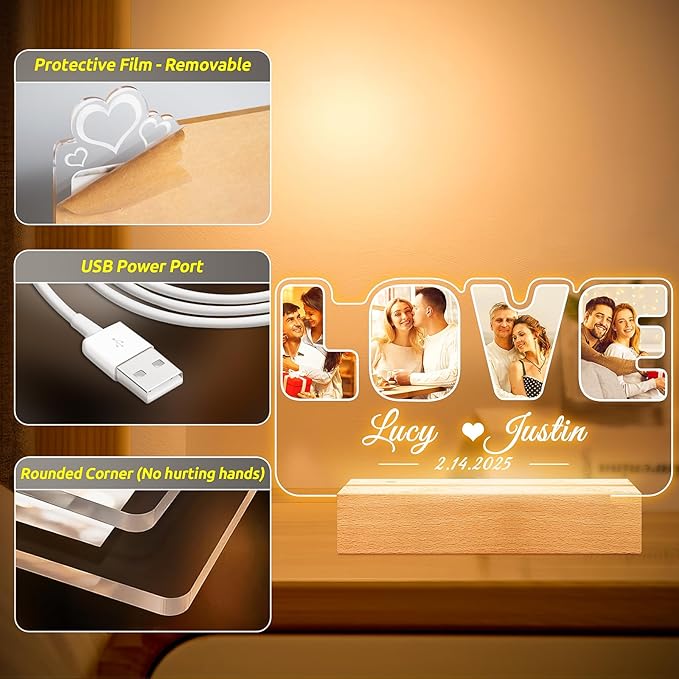 Custom Picture Frames with Photo, Personalized Photo Frame with Night Light, Customized Picture Frame, Personalized Christmas Anniversary Couples Gifts for Women Men Her Him Girlfriend Boyfriend