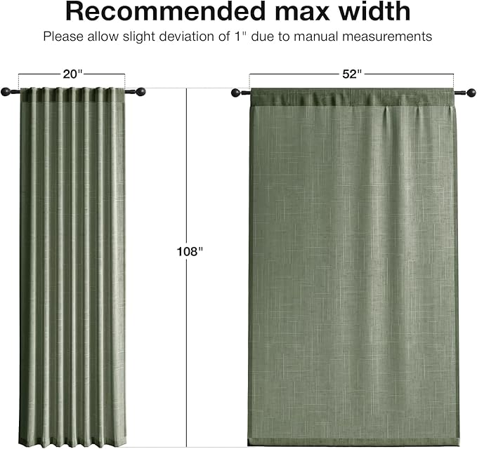 Anmao Natural Linen Curtains for Living Room 108 Inch Length 2 Panels Set, Light Filtering Semi Sheer Window Curtain Drapes for Bedroom with Curtain Rings and Clips, 52 Inch Wide Each Panel, Olive