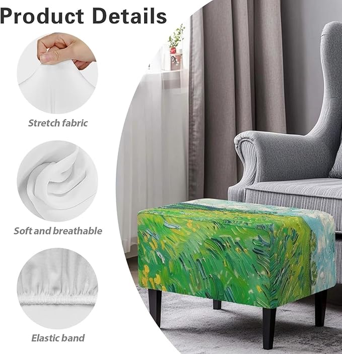 Small Ottoman Cover, Van Gogh Wheat Field Oil Painting Rectangle Ottoman Slipcover 30x24x15 Inch Form Fit Elastic Protector Covers for Foot Stool Folding Storage Furniture