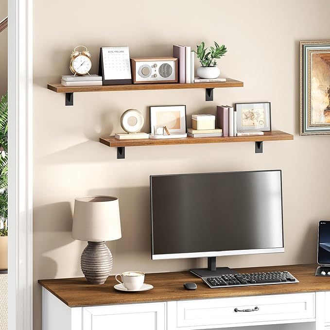 HOOBRO Floating Shelves for Wall, 31.5" Wall Mounted Shelves Set of 2, Hanging Storage Shelf with Metal Brackets, Wooden Shelf for Living Room, Bedroom, Bathroom, Rustic Brown and Black BF82BJP201G1