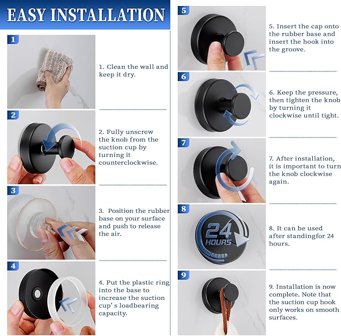 Suction Cup Hooks No Drill Stainless Steel Shower Hooks Towel Hook Heavy Duty on Smooth and Non-Porous Surfaces in Bathrooms Kitchen Bedroom (2, Matte Black)