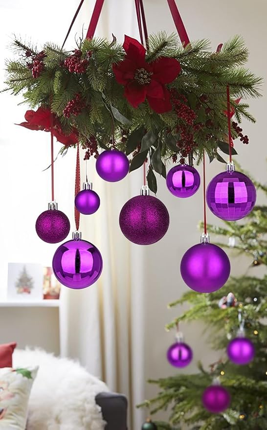 50pcs Christmas Ball Ornaments Purple Shatterproof Christmas Tree Ball Decorations Xmas Tree Purple Ornaments Balls with Hanging Loop for Halloween Xmas Wedding Holiday Party Wreath Home Decor