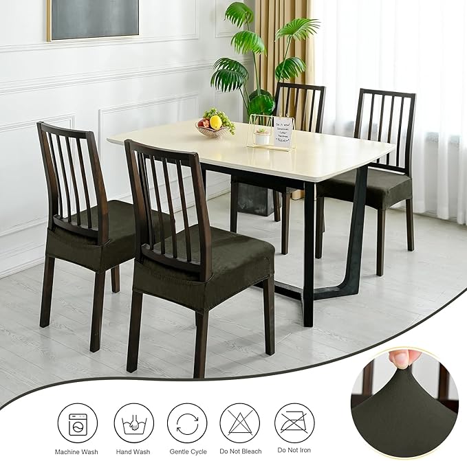Dining Chair Seat Covers Set of 6, Stretch Velvet Chair Seat Slipcovers Protector, Removable Washable Kitchen Chair Covers for Dining Room Chairs (Set of 6, Military Green)