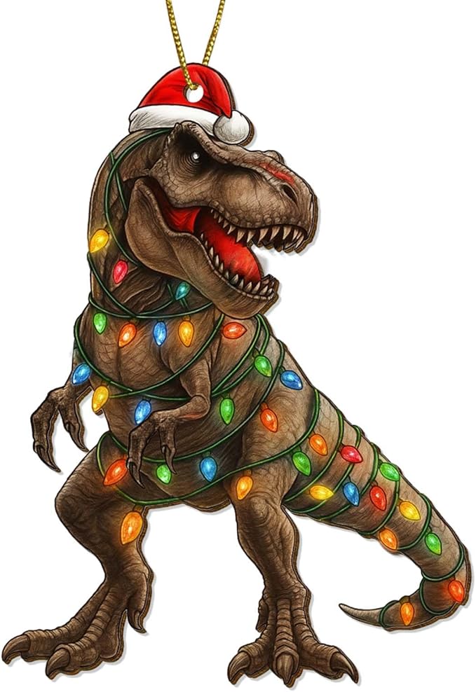2 Side Printed Flat Christmas Wooden Ornaments, Animal Keepsake Hanging Tree Decoration, Santa Dinosaur Ornament