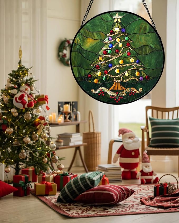 Stained Glass Window Hanging - Green Christmas Tree with Colorful Lights Suncatcher for Doors Home Christmas Decoration Sun Catcher Thanksgiving New Year Birthday Gifts for Women Men Mom Nana 15 in