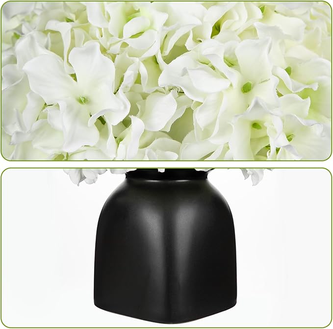 Briful Hydrangea Artificial Flowers White Silk Hydrangea Flowers in Deep Black Ceramic Vase Spring Flowers Arrangments Potted Fake Flowers for Home Decor Indoor Farmhouse Table Wedding Centrepiece