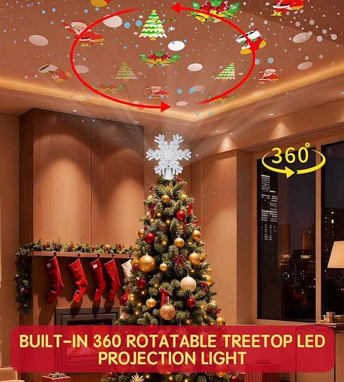 Christmas Tree Topper Lighted Decorations, Built-in Led 360° Rotating Projector Lights, Silver Spangles Plug in for Indoor Home Xmas New Year Party Holiday Night Tree Decor