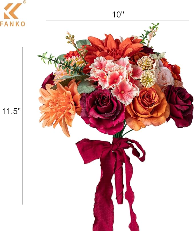 FANKO Artificial Flowers Red Rose, Mixed Fake Silk Flowers Combo Gradient Orange & Champagne Rose Burnt Orange Dahlia Chrysanthemum Vintage for DIY Wedding Bridal Bouquets, Home Decor