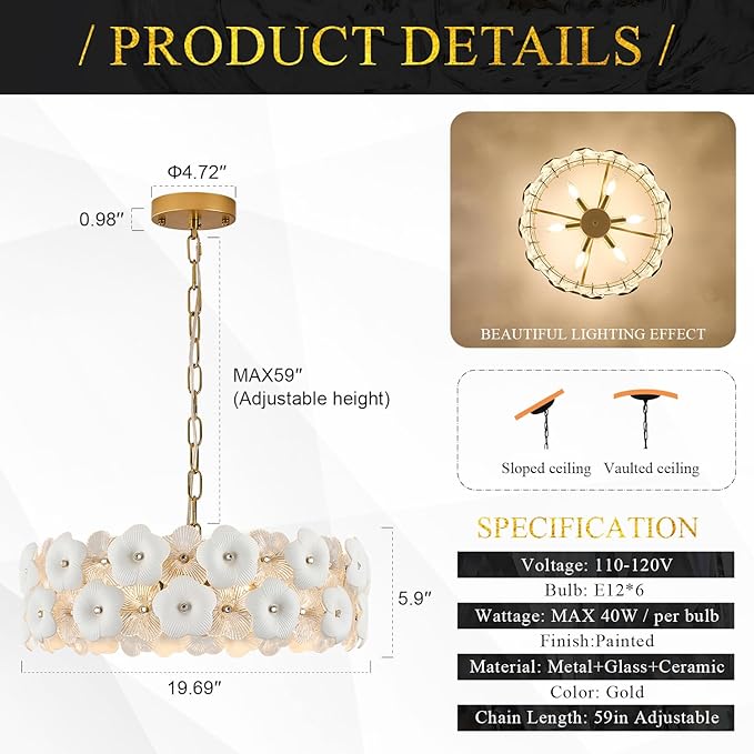 Modern Flower Elegant Glass Chandelier 20" Luxury 6 Lights Gold Chandelier Light Fixture for Living Dining Room Kitchen Entryway Bedroom Foyer, E12