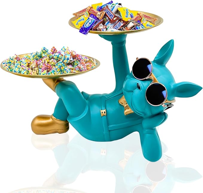 Resin French Bulldog Tray Statue, Lying Bulldog Candy Dish Key Holder Bowl, French Bulldog Accessories, Statues for Office Desk Home Decor Figurines Entryway Table Decor (Blue Green)