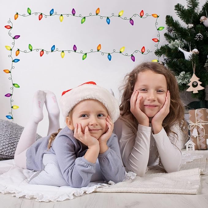4 Sheets Christmas Wall Decals PVC Merry and Bright Stickers Christmas Bulb Lights Wall Stickers Party Supplies Window Clings Door Fridge Holiday Xmas Wall Decoration
