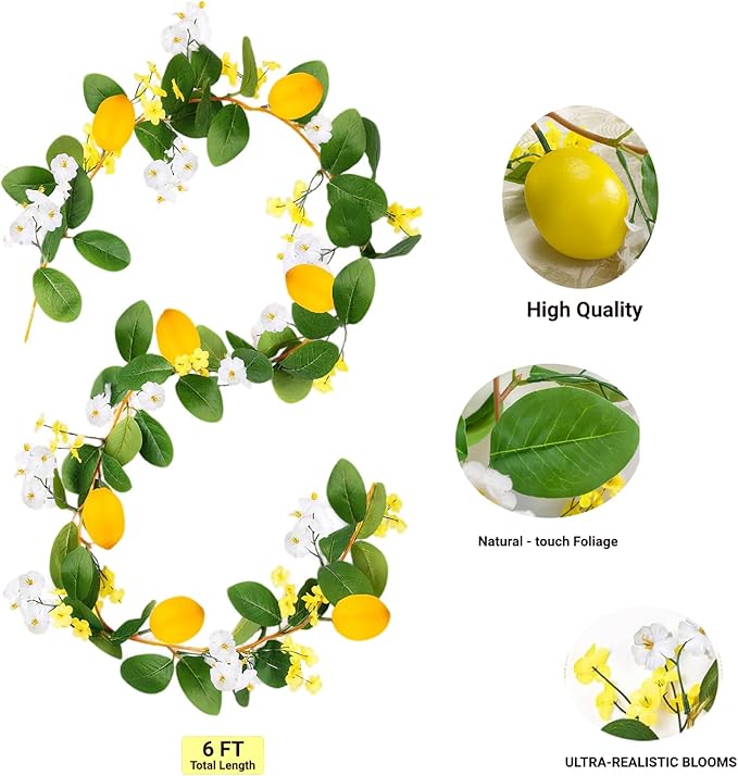 2PCS Artificial Lemon Garland (12Ft Total), Faux Fruit Vine with Greenery for Wedding Party, Wall Mantle Table Decor, Spring Summer Kitchen Door Decoration
