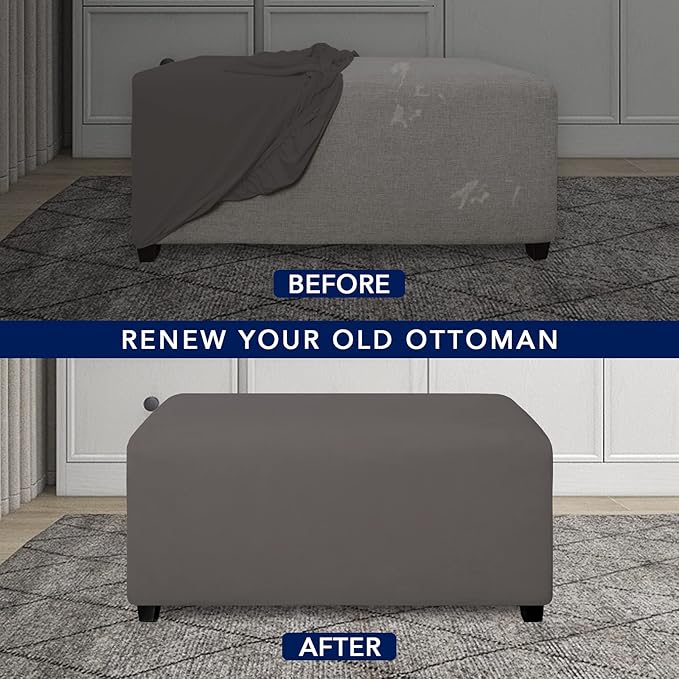 PureFit Super Stretch Soft Form Fit Ottoman Cover Rectangle - Ottoman Slipcovers for Foot Stool & Folding Storage Furniture for Living Room with Nonslip Elastic Bottom（Large, Taupe）