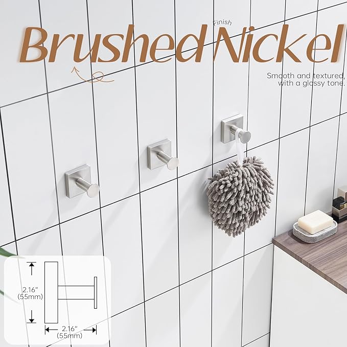 KOKOSIRI Bathrobe Hooks for Bathrooms Wall Mount Brushed Nickel Hand Towel Hook Holder for Shower Bathroom Hardware Stainless Steel 3 Pack, B1016BR-P3
