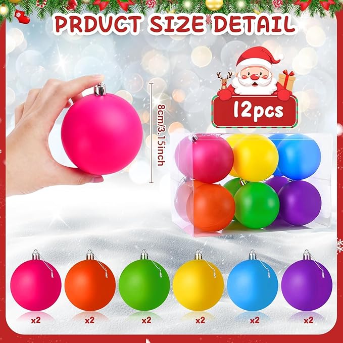 12 PCS 3.15 Inch Large Neon Color Christmas Ball Ornaments Living Room Garden, Shatterproof Christmas Tree Ornament Set Large Ball Pendant for Xmas Party Supplies