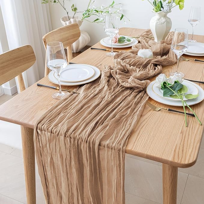 6PCS Table Runner Cheesecloth 10FT Nude Boho Gauze Cheese Cloth Rustic Sheer Table Runners for Wedding Bridal Baby Shower Party Decoration