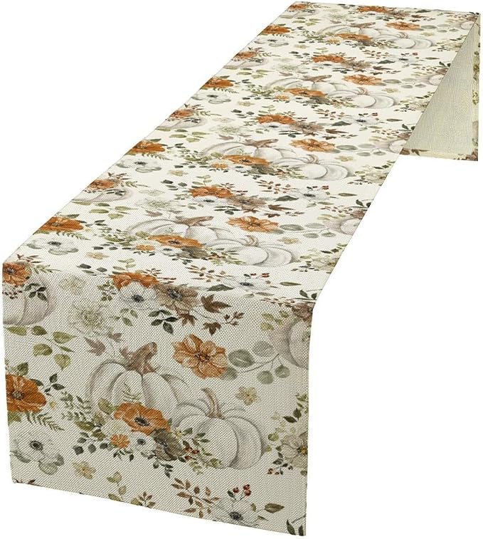 Fall Pumpkin Table Runner Rustic Floral Watercolor Plants White Vegetables Flowers Pastoral Theme Home Decor for Farmhouse Indoor Outdoor Party Holiday Dining Kitchen Restaurant Cafe W13xL108in