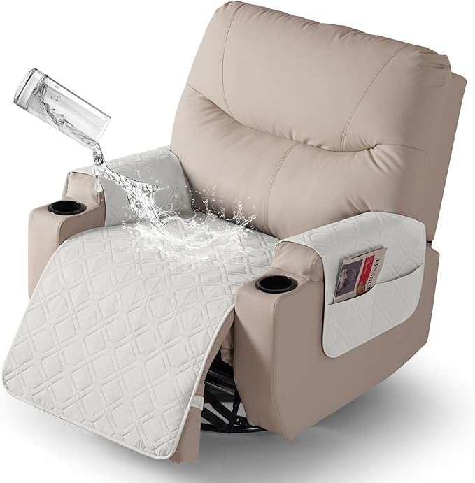 VANSOFY Recliner Chair Covers 100% Waterproof Seat Cover with Arm Reclining Cover Non-Slip Recliner Chair Covers Furniture Protector Washable Slipcover with Pocket for Pets, Dogs(Off White, 25")