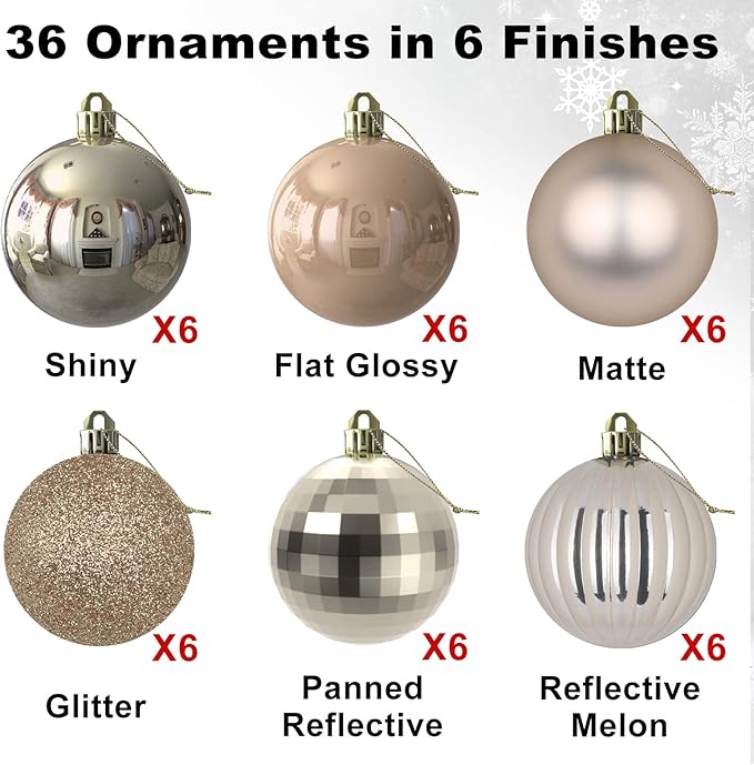 Champagne Gold 1.6" Small Christmas Balls Christmas Tree Decoration Ornaments Shatterproof Hanging Balls for Birthday Halloween Holiday Wedding Decorations Set of 36pcs