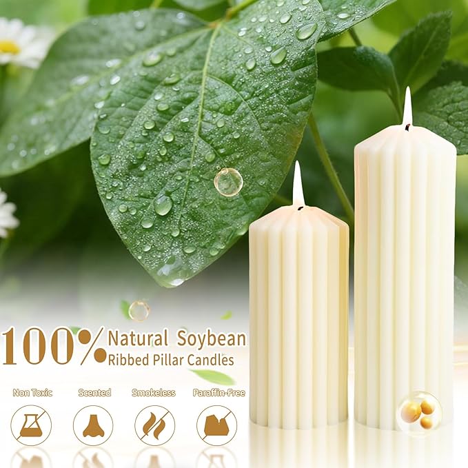 3 Pack Cream White Ribbed Pillar Candles,Soy Wax Large Pillar Candles 2.8x4,6,8inch for Home,Housewarming Gift, Shelf & Table Decor,Smokeless Non-Toxic Pillar Candle-Aesthetic Modern Candles Set