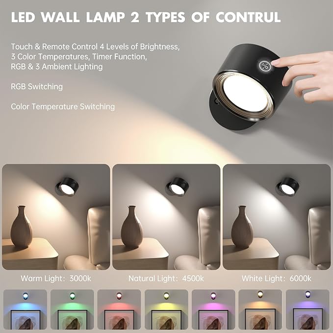 LED Wall Lights with Remote, 1 Pack RGB Rechargeable Wall Mounted Reading Sconces Lamp 3000mAh, 3 Colors & Dimmable Magnetic 360° Rotation Cordless Wall Lighting Spotlights for Bedroom Bedside Hallway