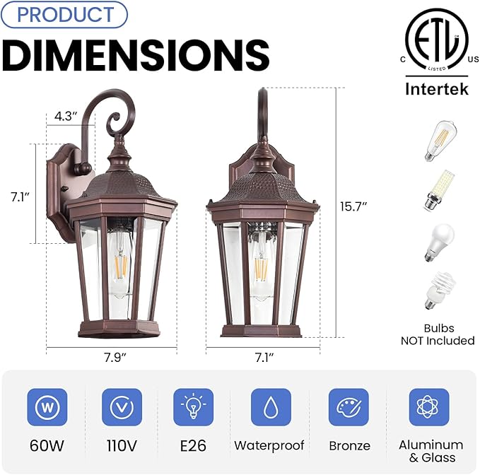 Outdoor Wall Lantern, Exterior Waterproof Outdoor Wall Light Fixtures, Brown Aluminum Porch Sconces with E26 Sockets & Clear Glass