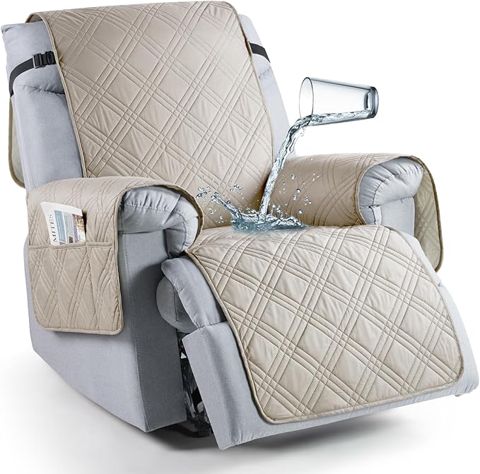 TAOCOCO Waterproof Recliner Chair Covers 30 Inch Wide, Oversized Recliner Covers for Recliner Chair with Pocket, Recliner Slipcovers with Straps Furniture Protector for Kids Pets (30'', Cream)