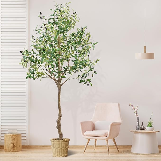 ANTING Artificial Olive Tree, 6FT Tall Faux Olive Tree with Pot, 72in Artificial Plants Indoor Silk Plants with Realistic Trunk,1150 Leaves and Lifelike 44 Fruits for Home Office Decor Outdoor（1pack）