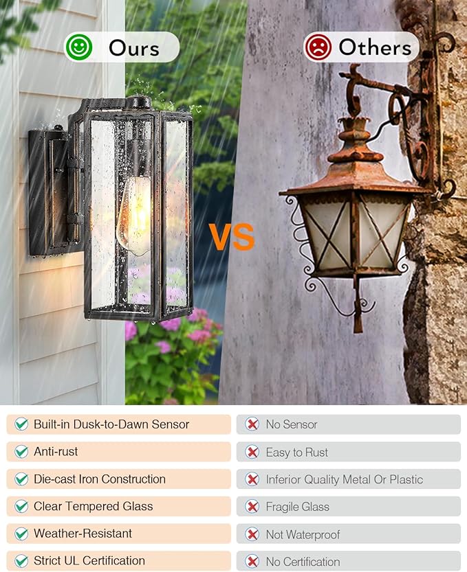 VIANIS Outdoor Wall Lights Dusk to Dawn, Large Exterior Light Fixture Wall Mount for House Front Porch Light, Black Anti-Rust Modern Outside Wall Sconces with Tempered Glass Shade for Garage
