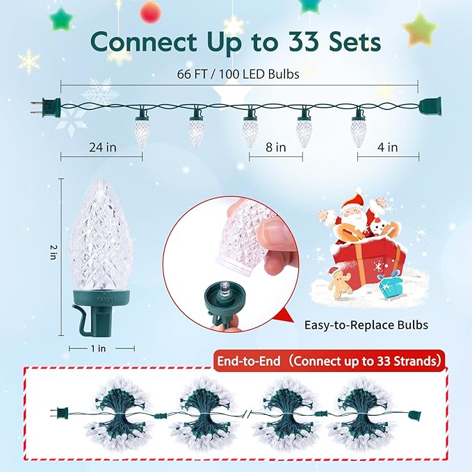 Brightown C9 Christmas String Lights White, 66ft 100 LED Faceted Christmas Lights on Green Wire, Plug-in Large Bulb Strawberry String Lights for House Roof Roofline Christmas Tree Party Outdoor