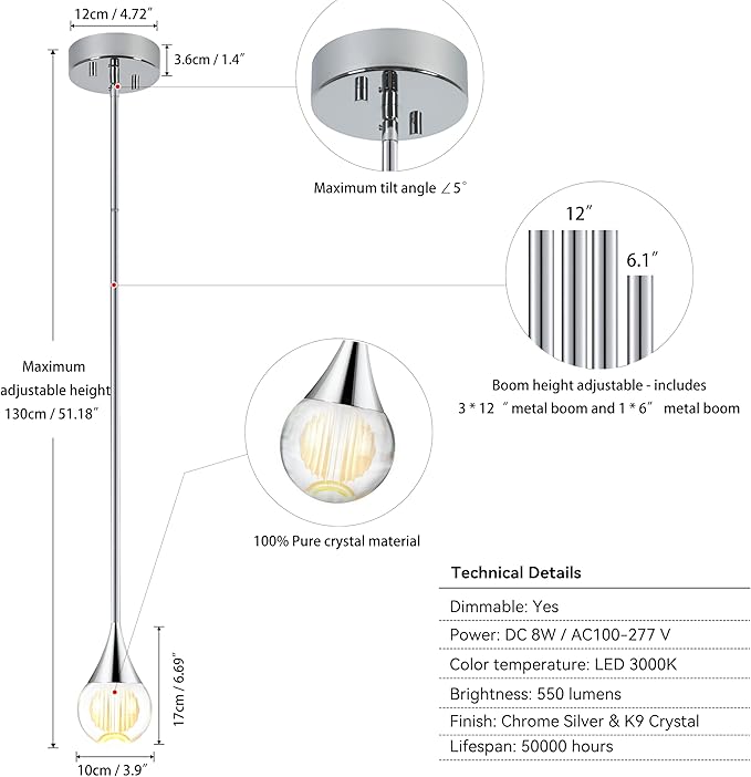2-Pendant Lights Kitchen Island, Chrome Silver Globe Crystal Ceiling Hanging Light Fxitures, LED Light Fixtures Metal Rod Ceiling Glass Pendant Lighting for Kitchen Island Dining Room Bar