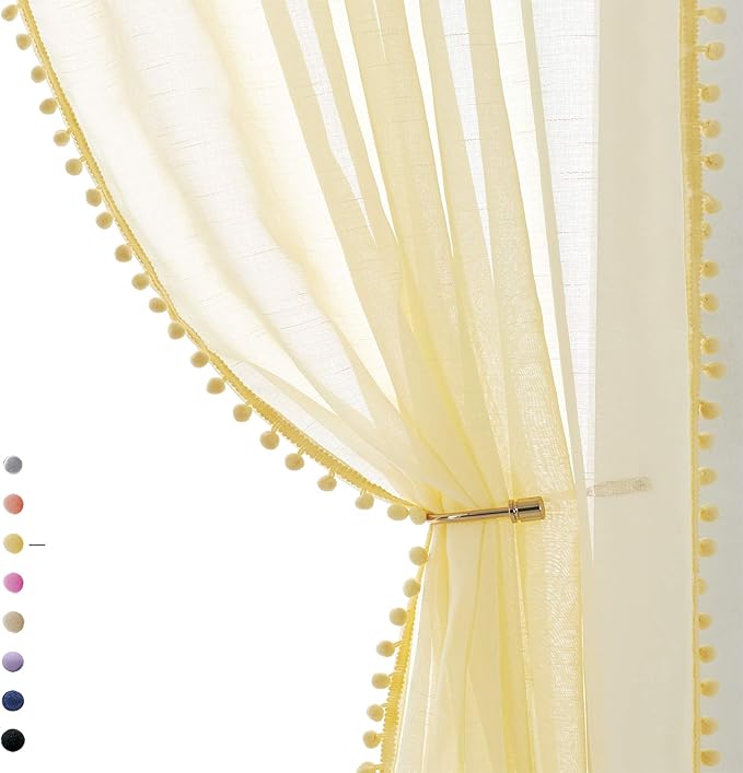 Treatmentex Sheer Curtains for Bedroom Children's Room Yellow 108 inches Long Linen Textured Window Drapes with Cute Pom Pom Tassle 2 Panels 52" w Rod Pocket Header
